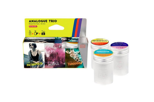 Analogue Trio Mixed Film Pack 35mm featuring Metropolis, Turquoise, and Purple films in a stylish tin.