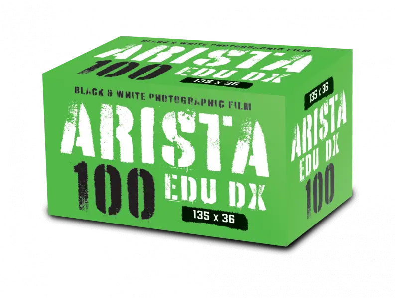 Bright green box of arista edu dx 100 black and white photographic film.