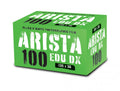 Bright green box of arista edu dx 100 black and white photographic film.