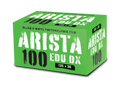 Bright green box of arista edu dx 100 black and white photographic film.