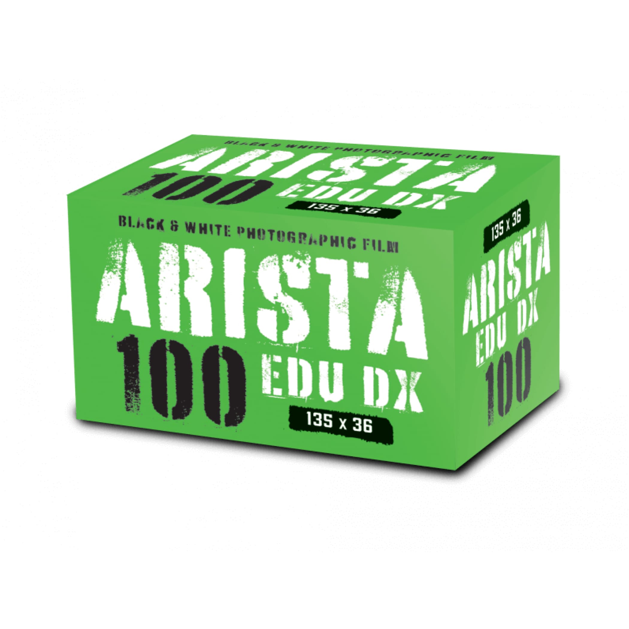 Bright green box of arista edu dx 100 black and white photographic film.
