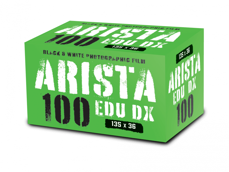 Arista 100 EDU DX 35mm black and white film box packaging for photographers, offering fine grain and wide tonal range.