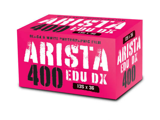 ARISTA.EDU DX 400 ISO black and white film box for 35mm cameras, 36 exposure, durable metal cartridge.