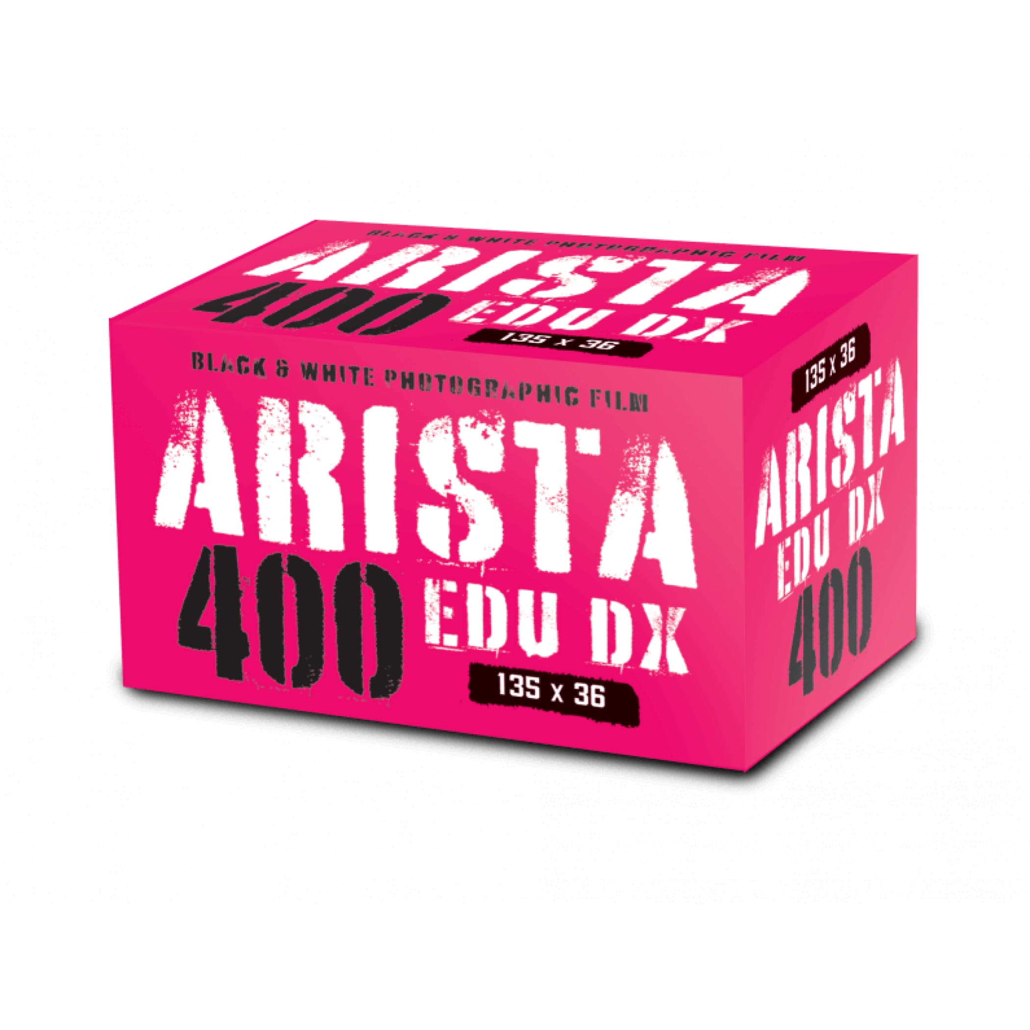 Vibrant pink box of arista 400 edu dx black and white photographic film.