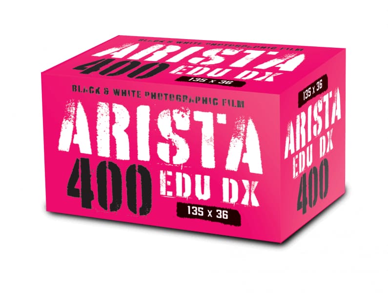 Vibrant pink box of arista 400 edu dx black and white photographic film.