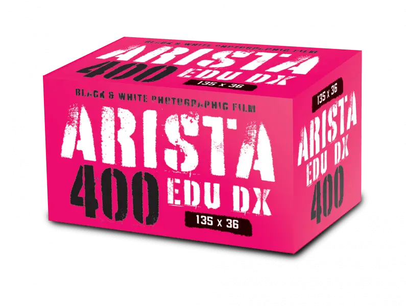 Vibrant pink box of arista 400 edu dx black and white photographic film.