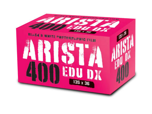 Vibrant pink box of arista 400 edu dx black and white photographic film.