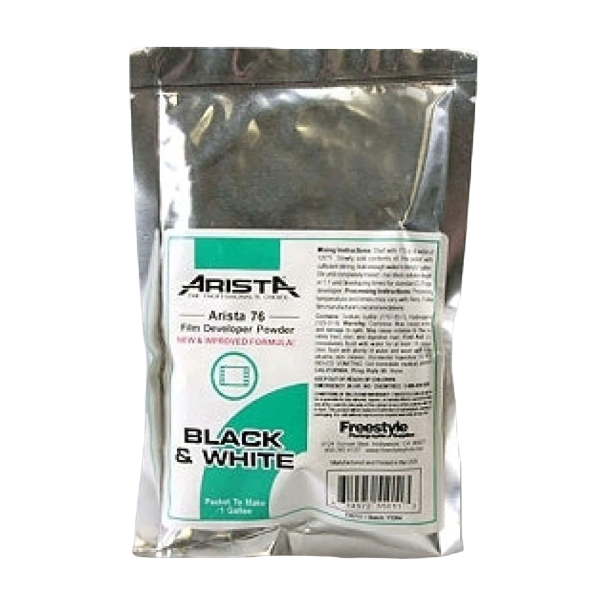Arista 76 film developer powder in a silver foil pouch with green and white labeling, designed for black & white photography.