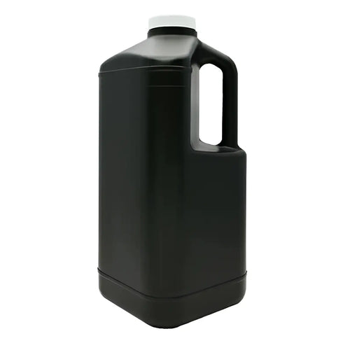 Black plastic jug with a white cap and integrated handle.