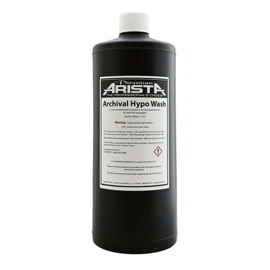 Arista Premium Hypo Wash 32oz bottle designed for efficient film and paper washing, reducing fixer residue.