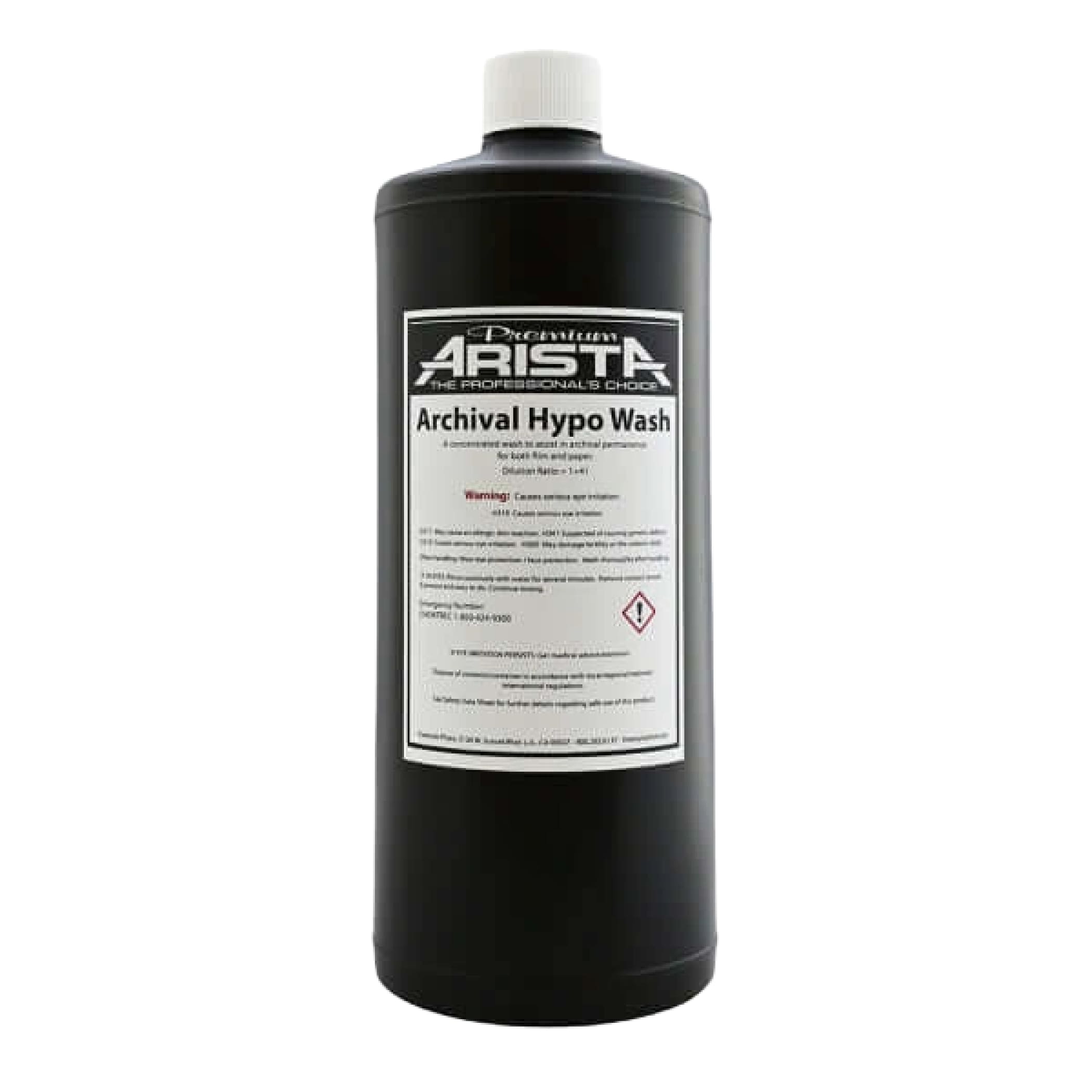 Black plastic bottle with white cap and label reading ’premium arista archival hypo wash.’