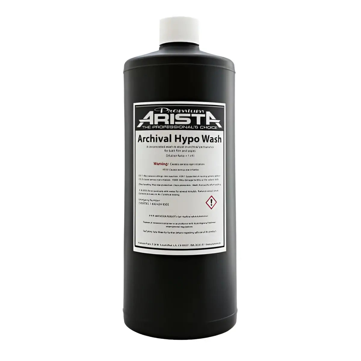 Black plastic bottle with white cap and label reading ’premium arista archival hypo wash.’