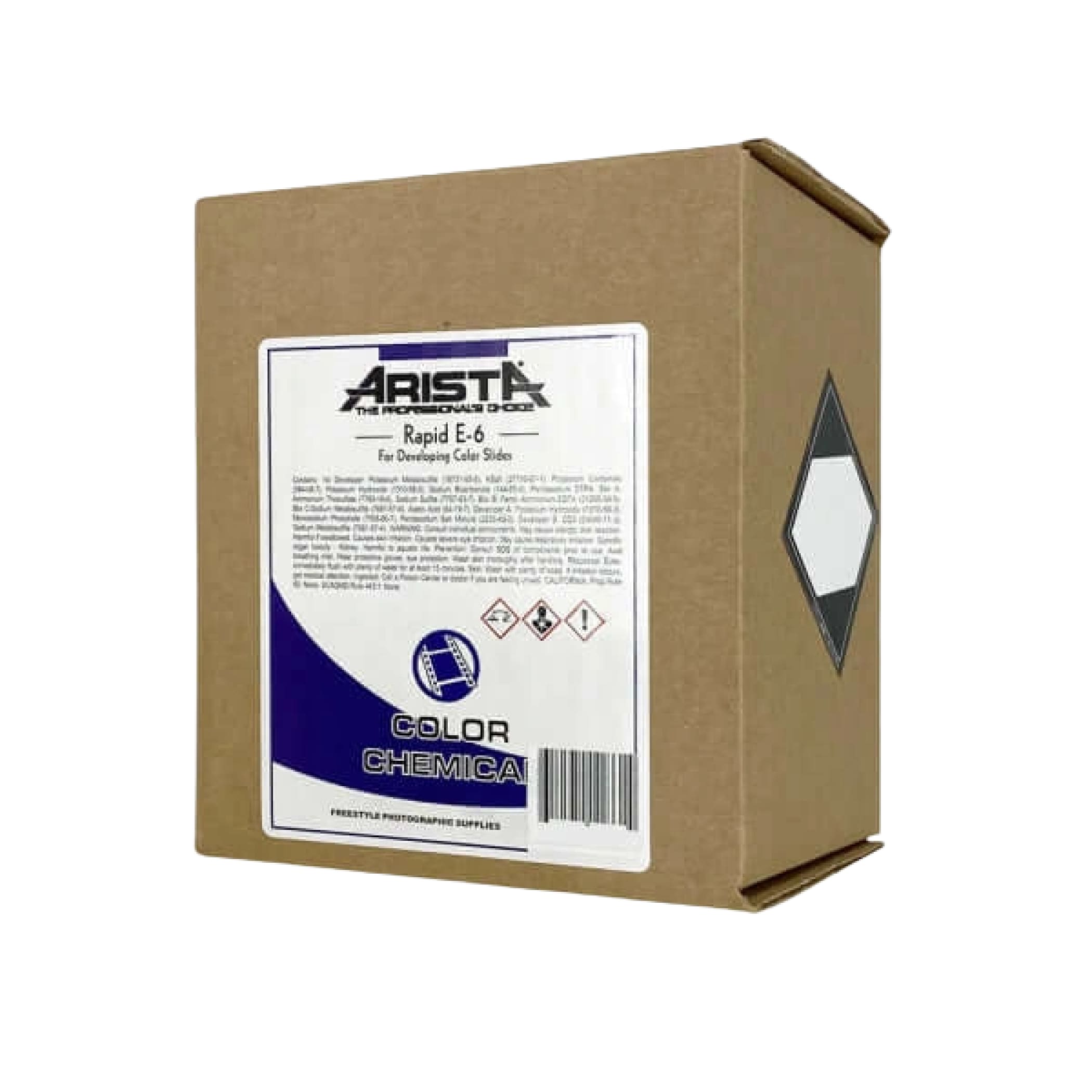 Arista rapid e-6 color chemical for developing film, packaged in a brown cardboard box with a white and blue label.