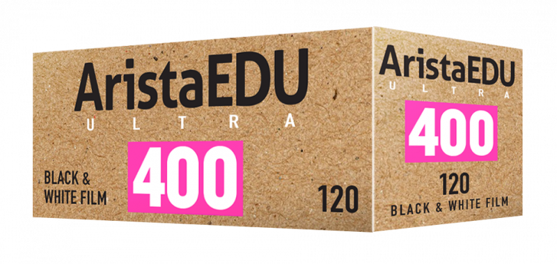 Arista EDU Ultra 400 black and white photographic film box, 120 format.