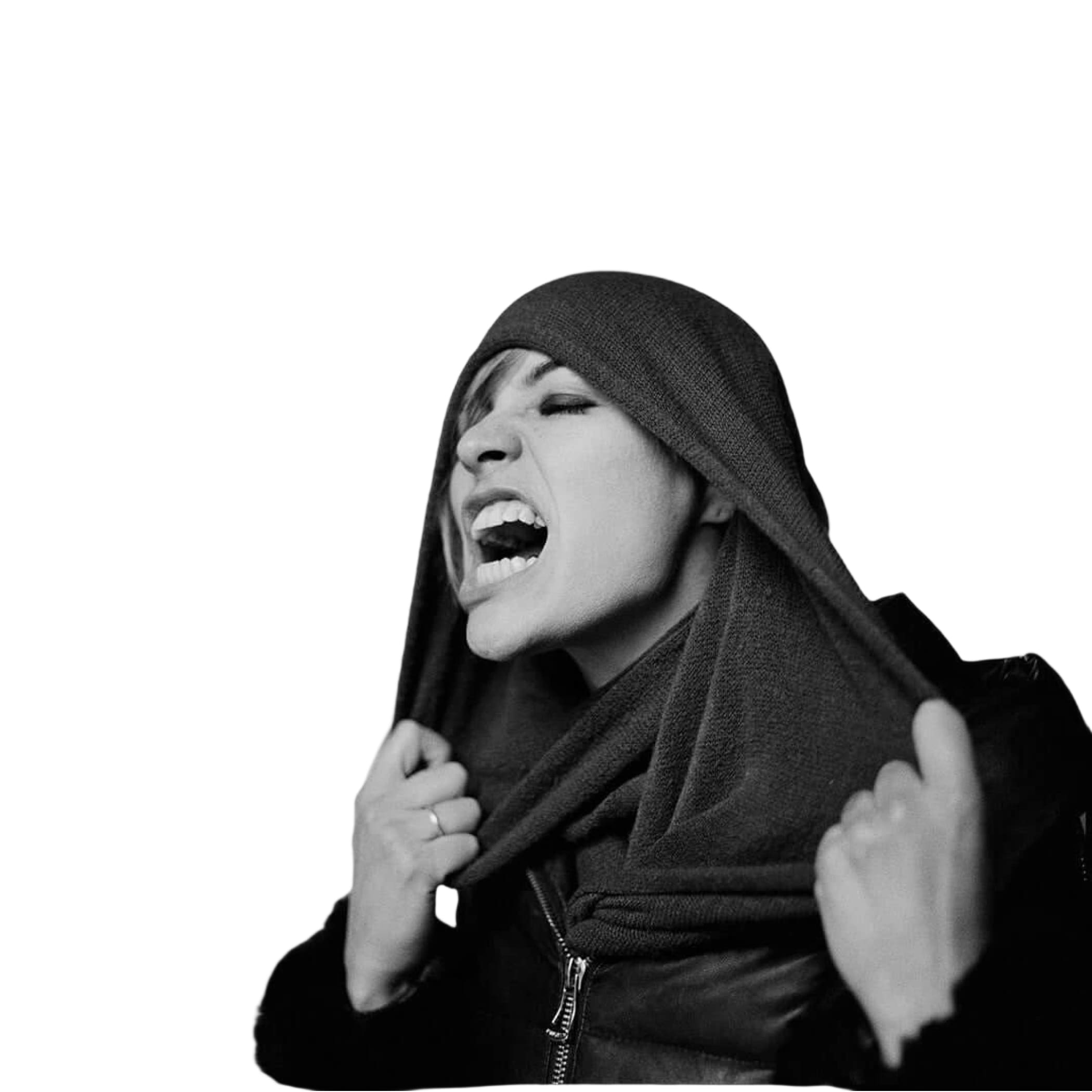 Black knitted hooded scarf worn over head and shoulders