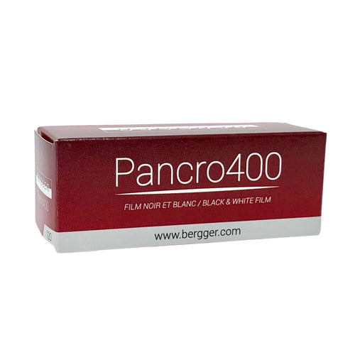 Red rectangular box of bergger pancre400 black and white film.