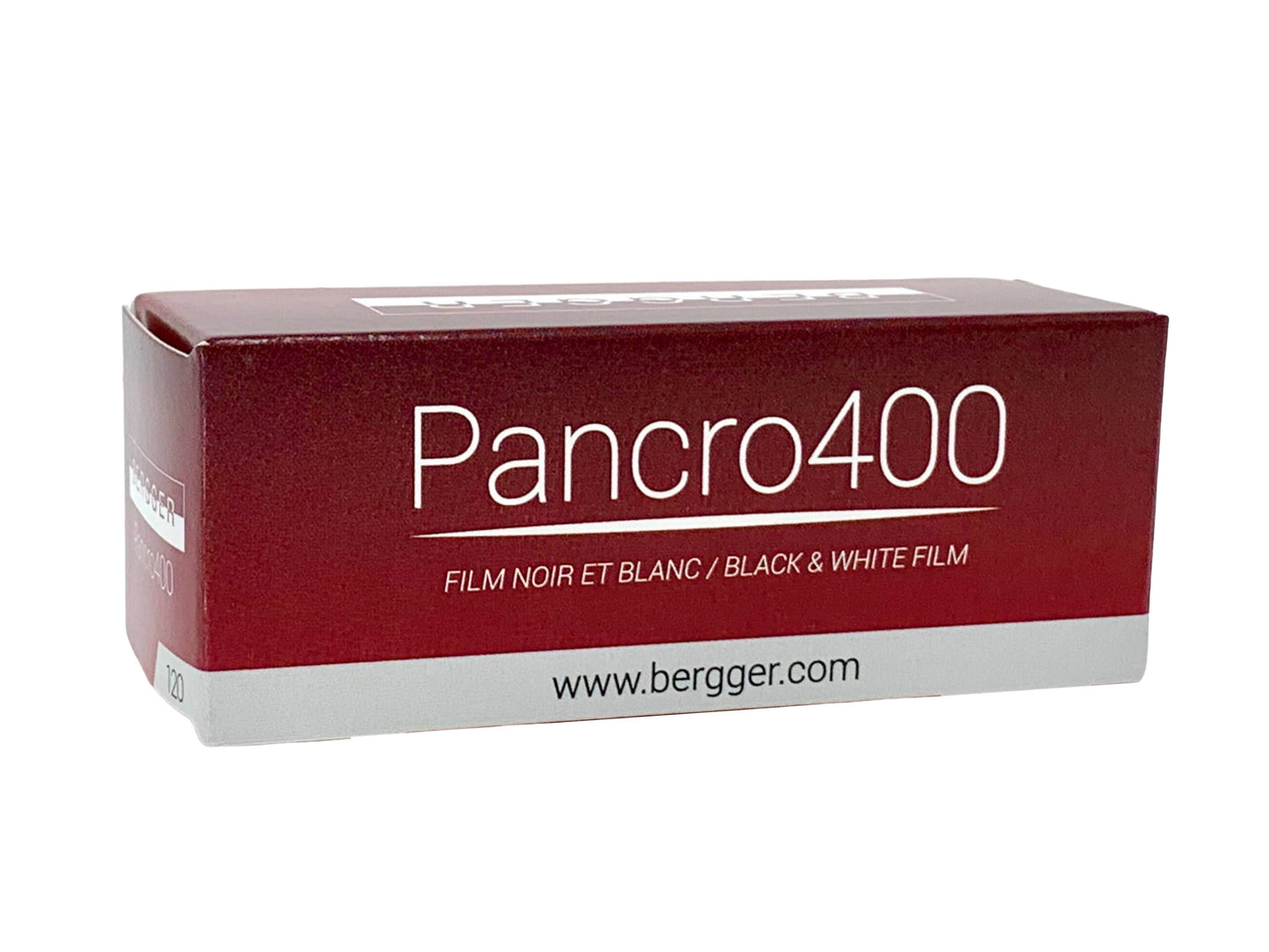 Bergger Pancro 400 black and white 120 film box packaging showing film specifications and website URL.