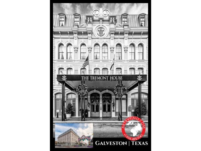 Black-and-white photo of Tremont House boutique hotel in Galveston, Texas