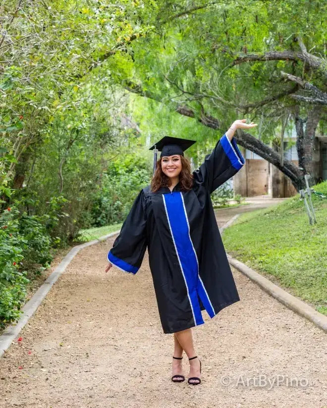 Black graduation gown with blue stripes for best seniors graduation