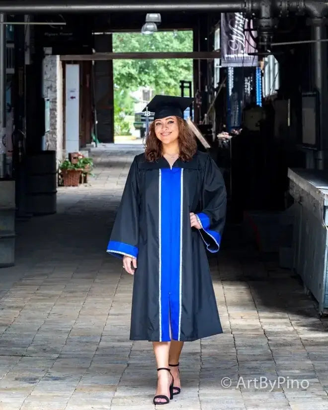 Best seniors graduation gown with blue stripes and mortarboard