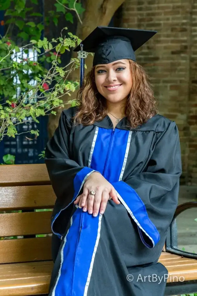 Black graduation gown with blue trim for best seniors graduation photography