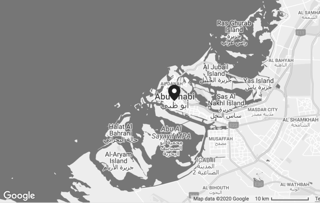Black map pin marking Abu Dhabi on grayscale geographical map