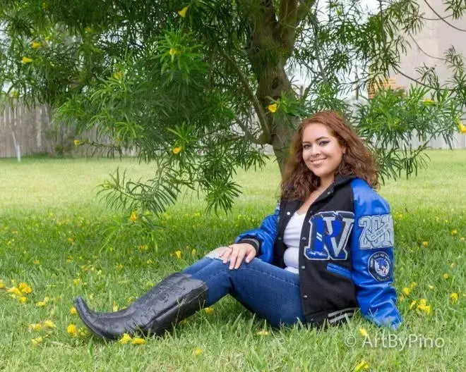 Blue and black varsity jacket with patches for best seniors graduation