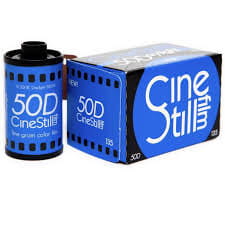 Blue Cinestill 50D medium format film canister and box