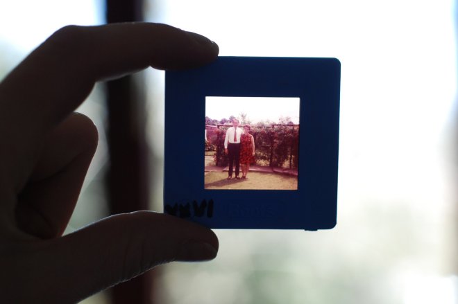 Vintage photo on blue slide for film negative scanning services