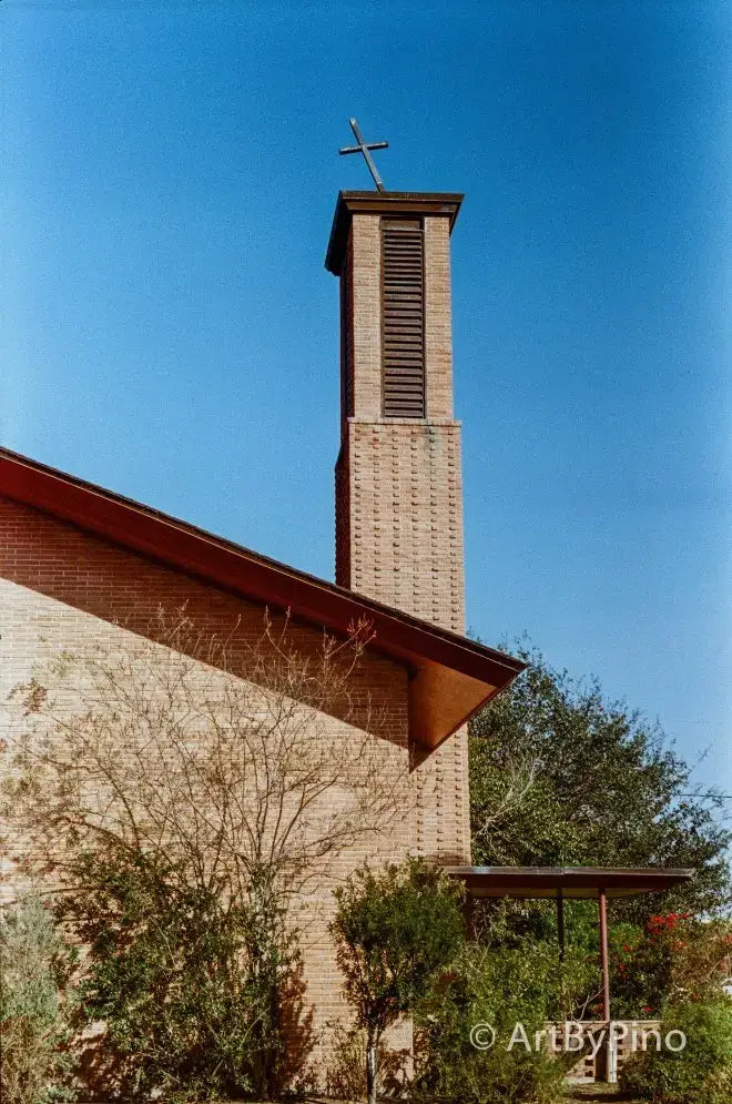 Brick church bell tower with cross, scanned via epson v600, view fullsize