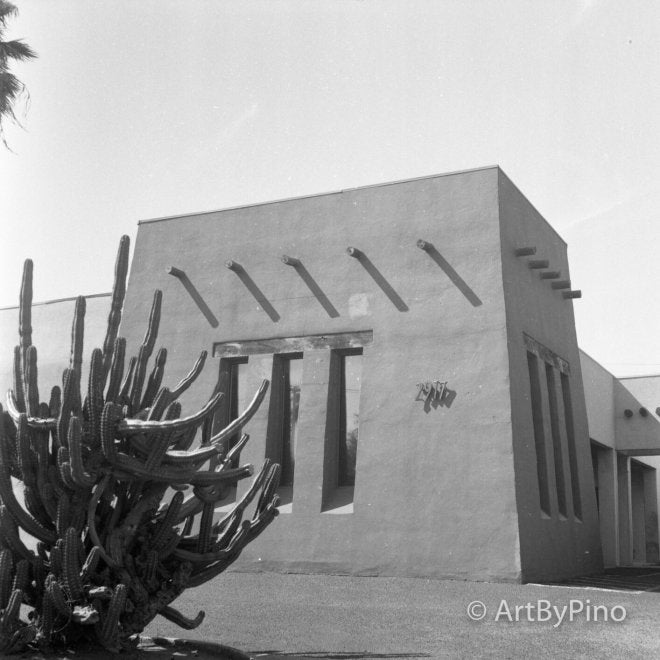 Acufine developer building with flat roof, stucco walls in Santa Ana cemetery. View fullsize.