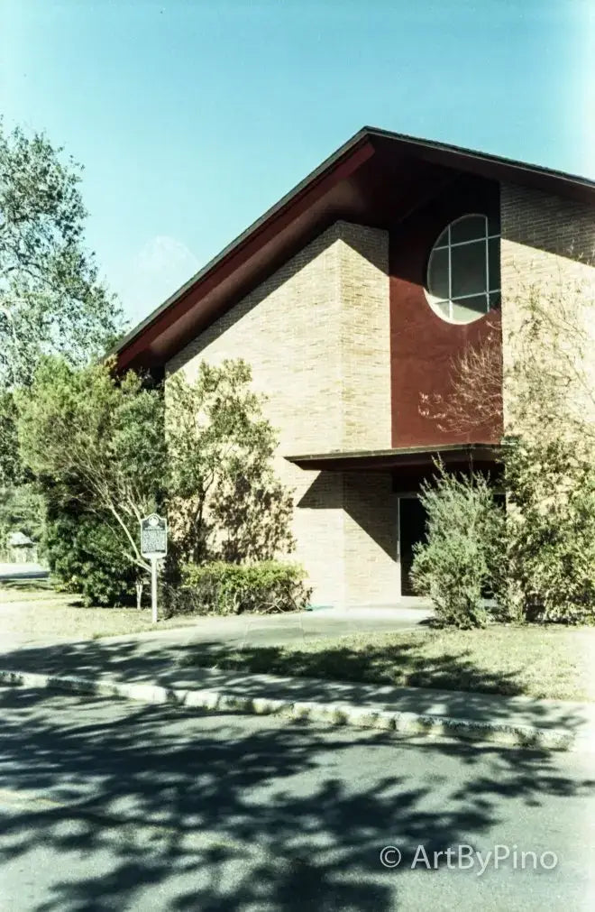 Modern beige brick building with red paneling, view fullsize Epson V600 scan