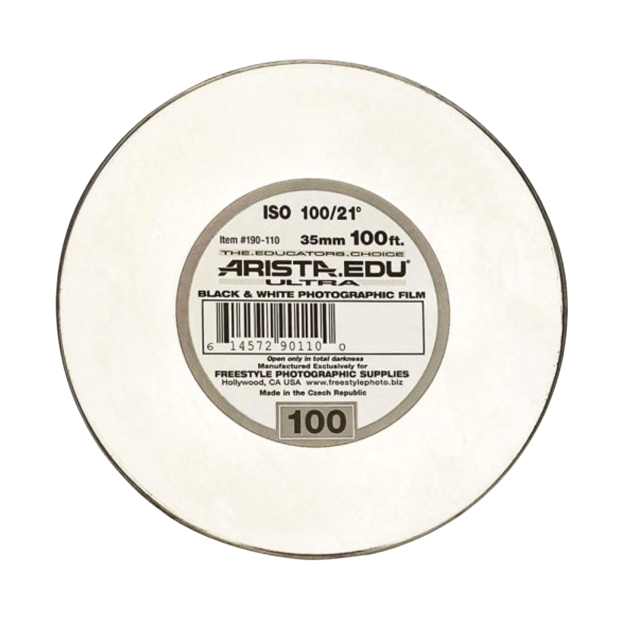 Arista edu ultra black and white photographic film spool, 35mm, 100ft length, iso 100/21°.