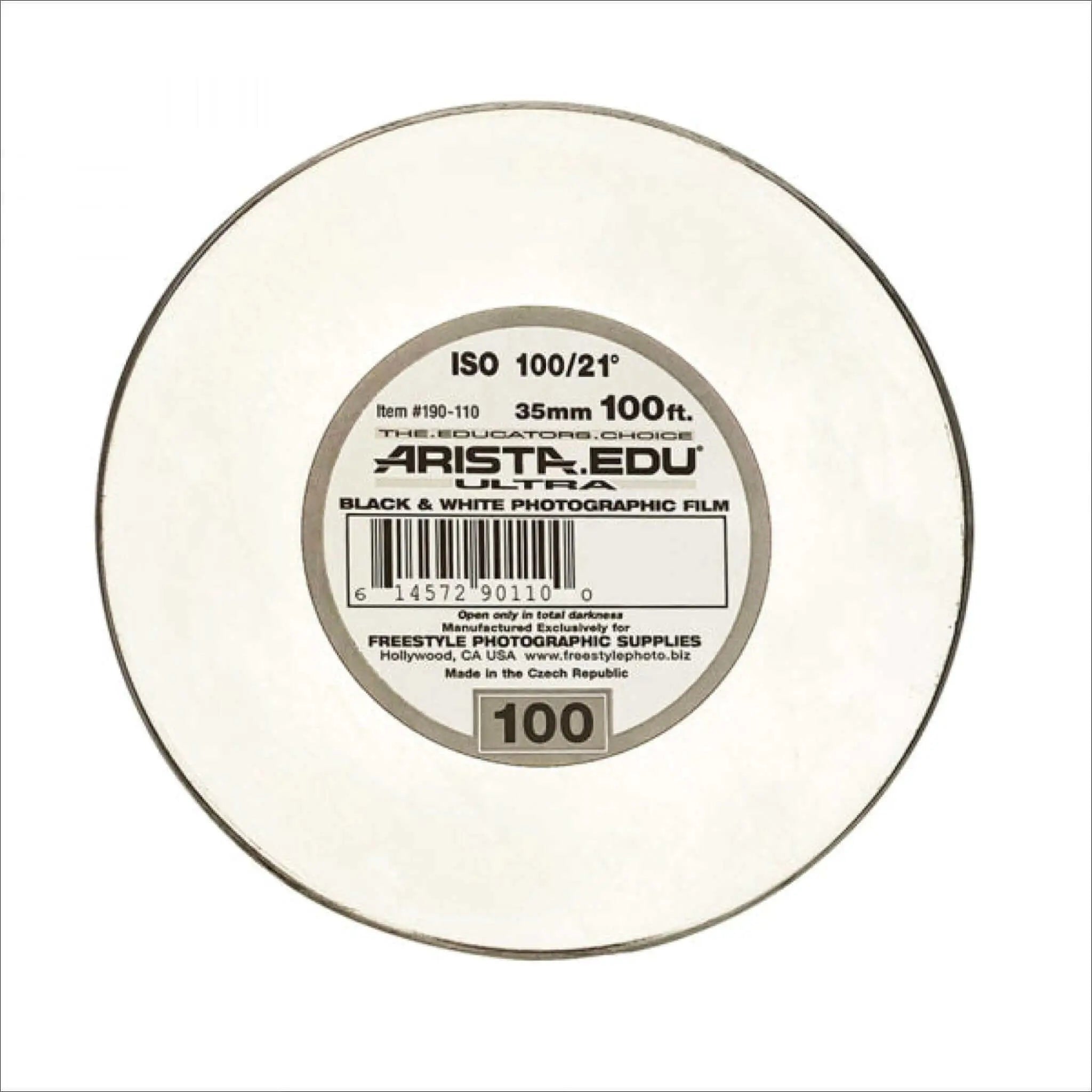 Arista edu ultra black and white photographic film spool, 35mm, 100ft length, iso 100/21°.