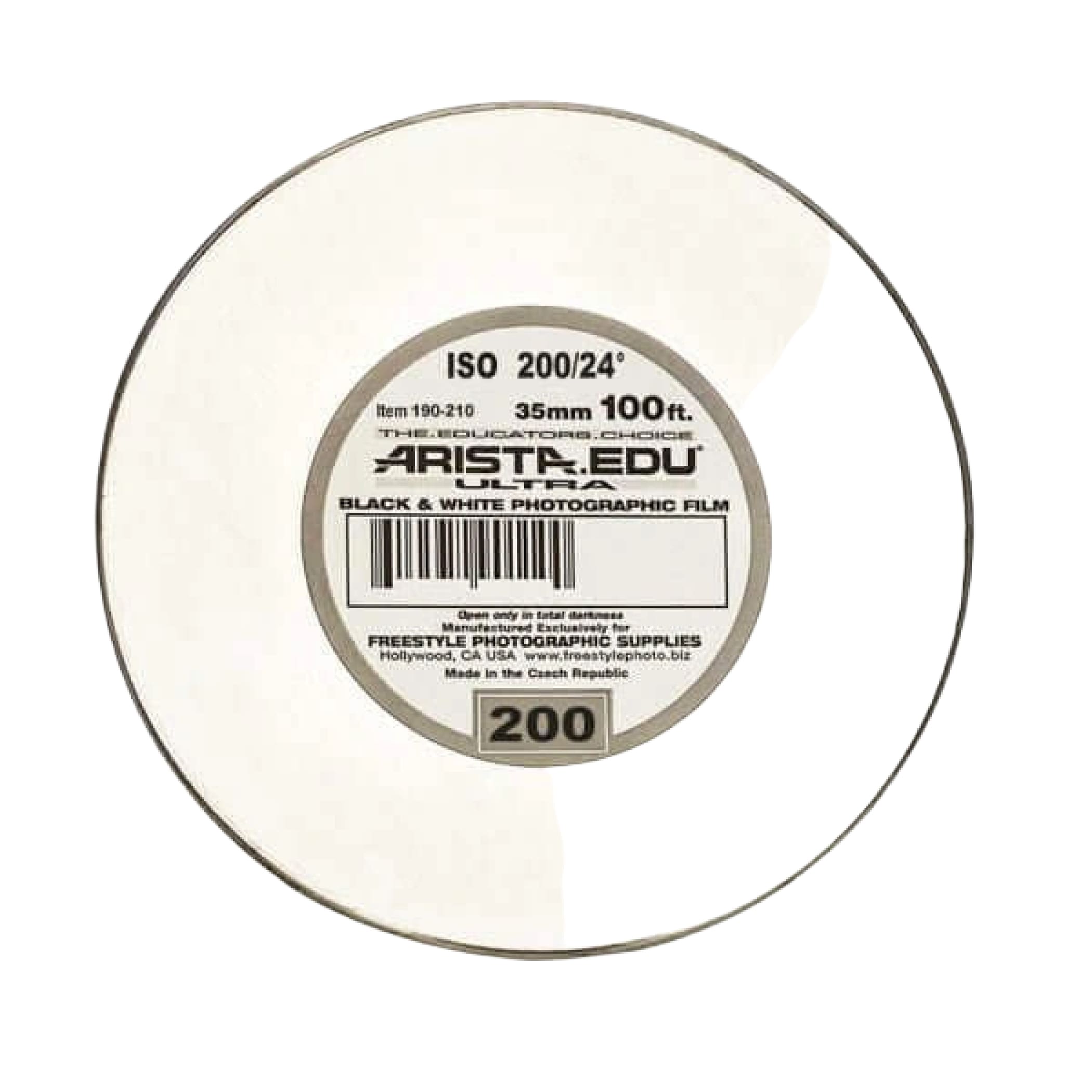 Aristo edu ultra black and white photographic film roll, 35mm, 100 feet long, iso 200/24°.