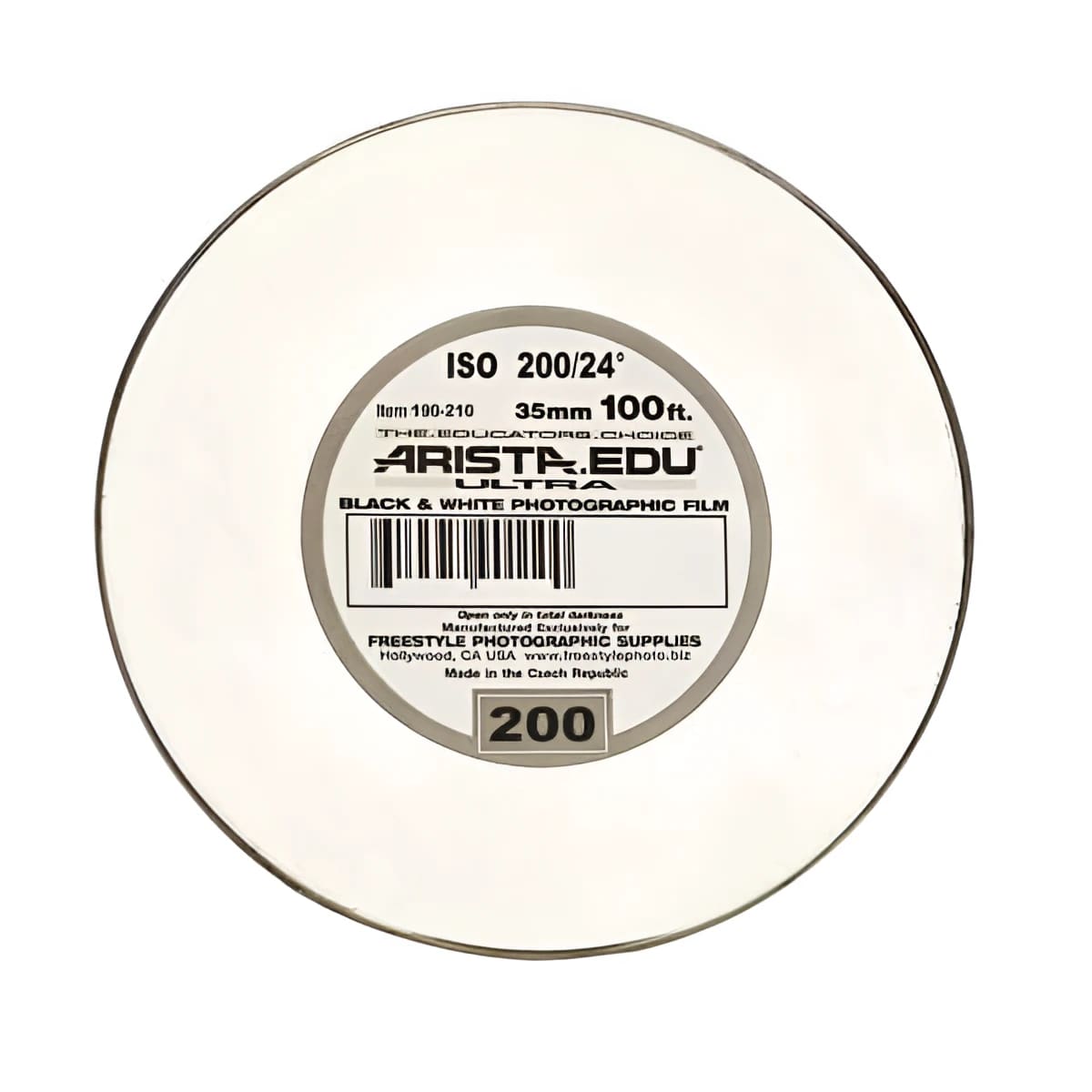 Aristo edu ultra black and white photographic film roll, 35mm, 100 feet long, iso 200/24°.