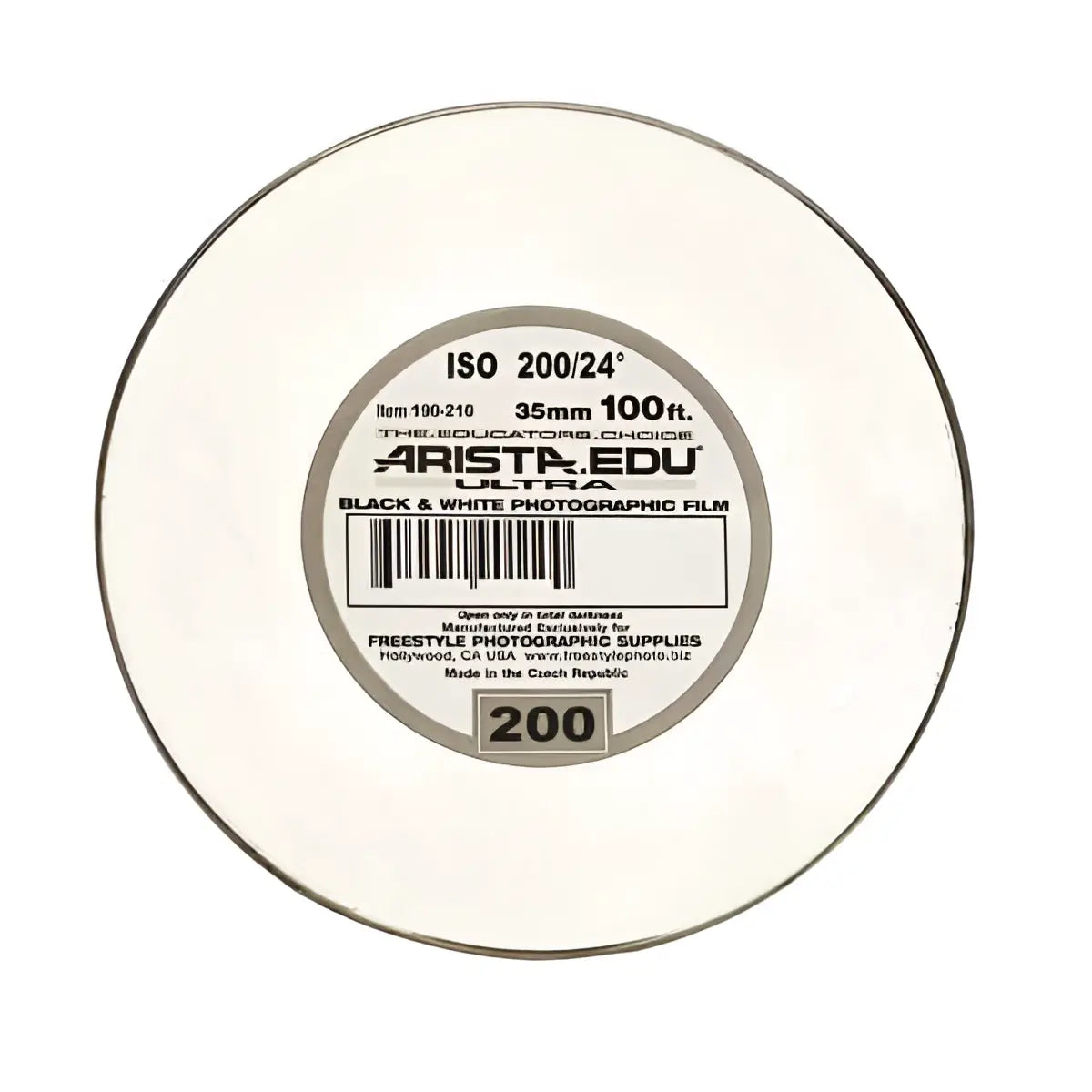 Aristo edu ultra black and white photographic film roll, 35mm, 100 feet long, iso 200/24°.