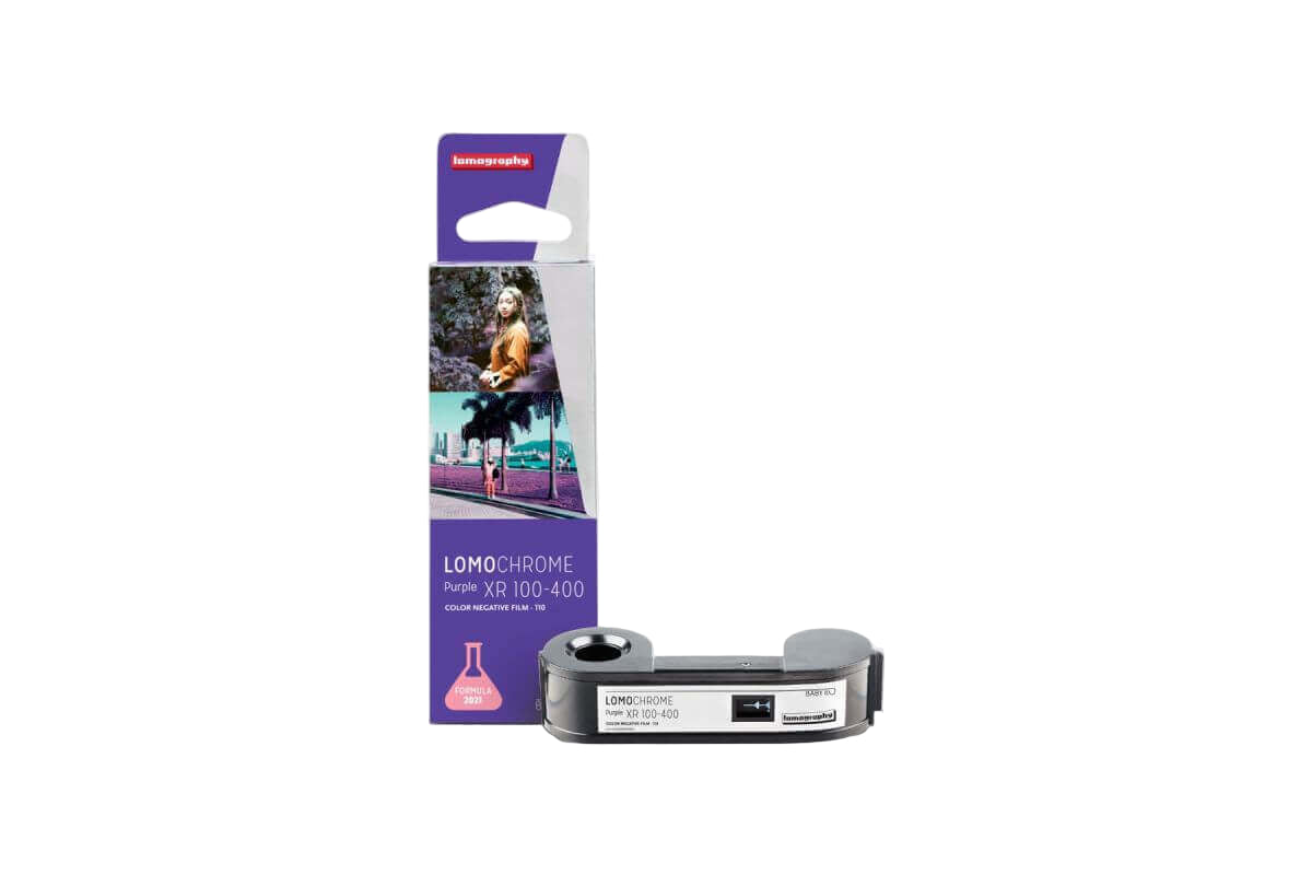 Lomochrome purple xr 100-400 color negative film, sleek black and silver cartridge with a minimalist design.
