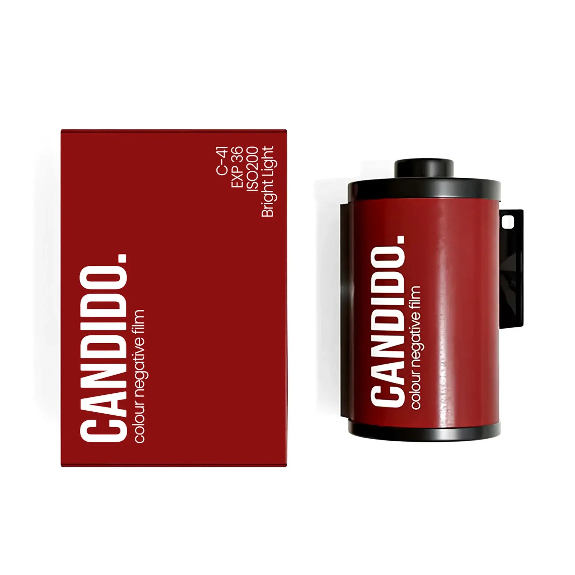 Red candido 35mm color negative film canister with black plastic caps and matching red box c41 200 iso exp 04 2028