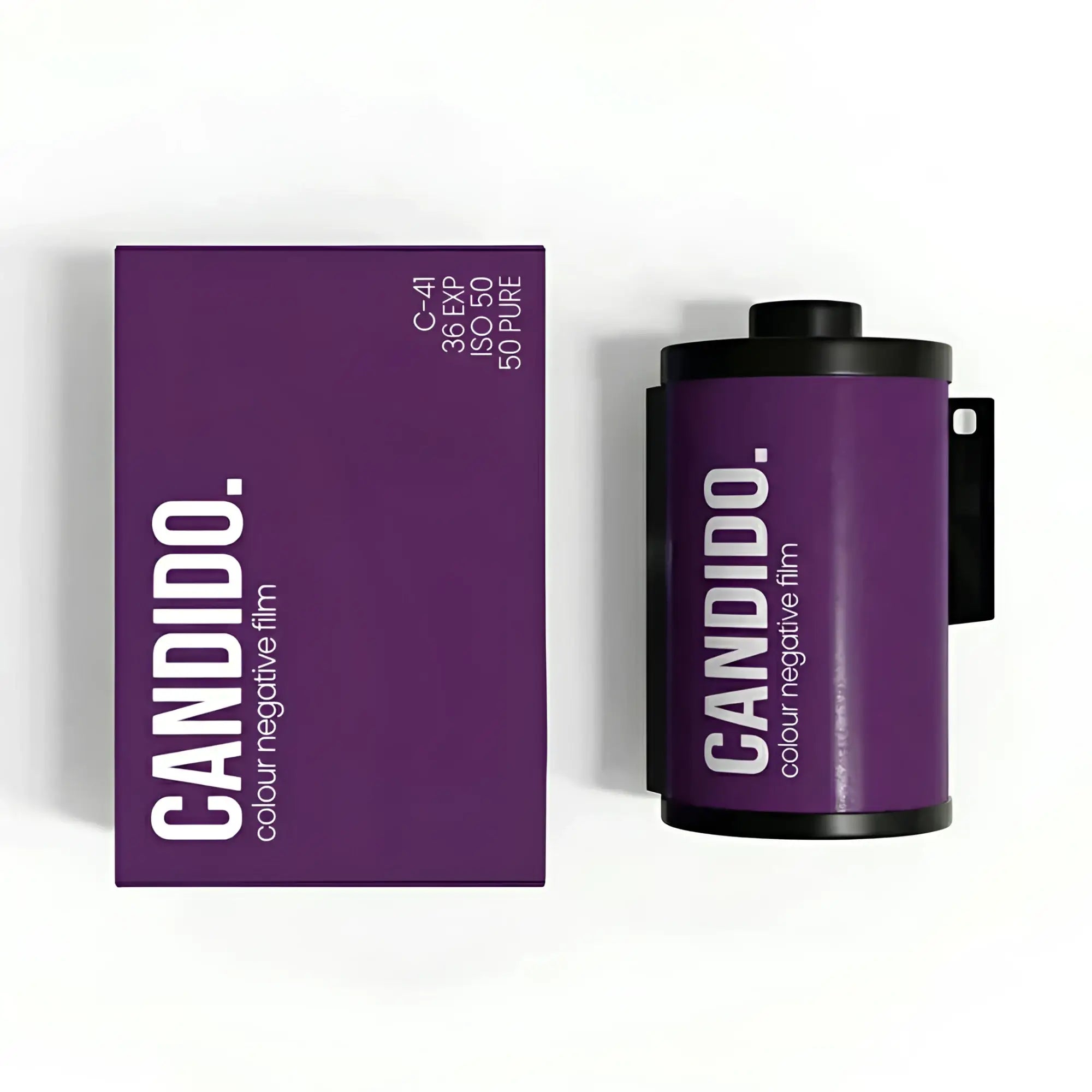 Purple candido 35mm color negative film canister with black caps and white branding beside matching purple box