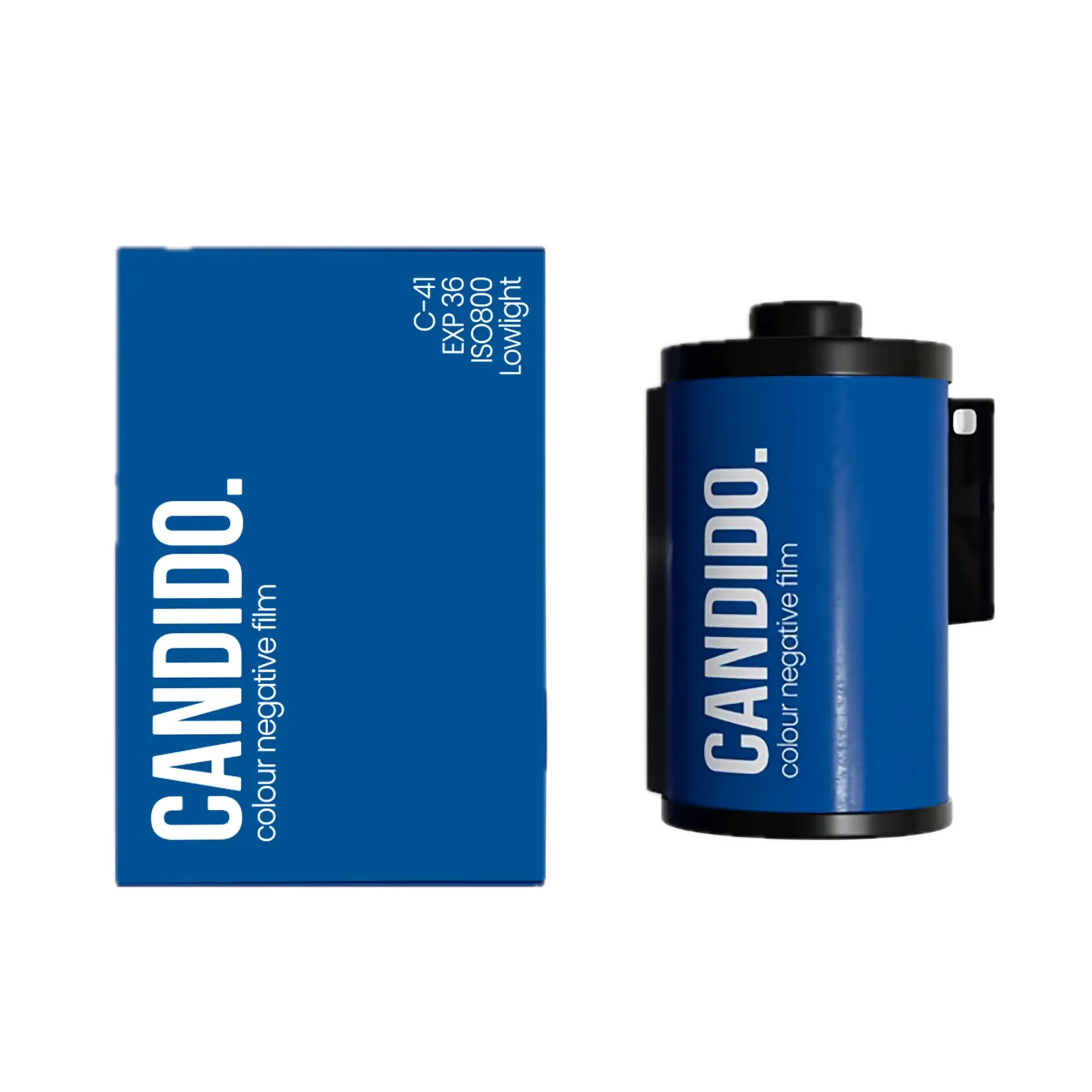 Candido c41 color 800 iso 35x36 film in vibrant blue canister with packaging 35mm color negative film