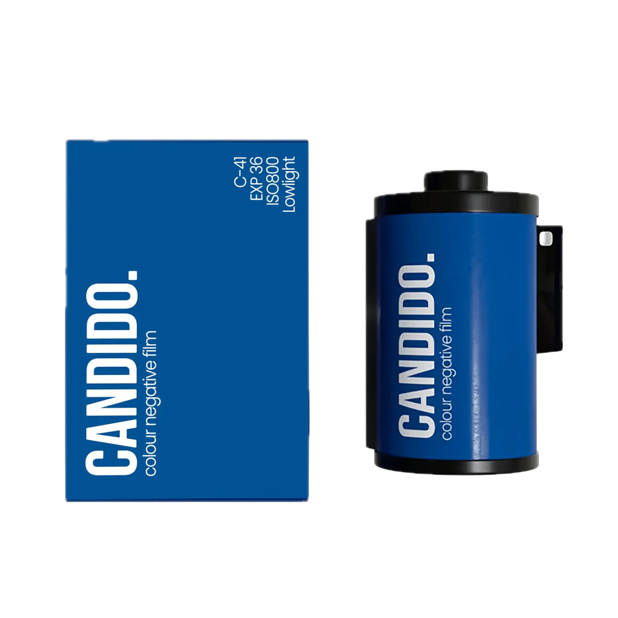 Candido c41 color 800 iso 35x36 film in vibrant blue canister with packaging 35mm color negative film