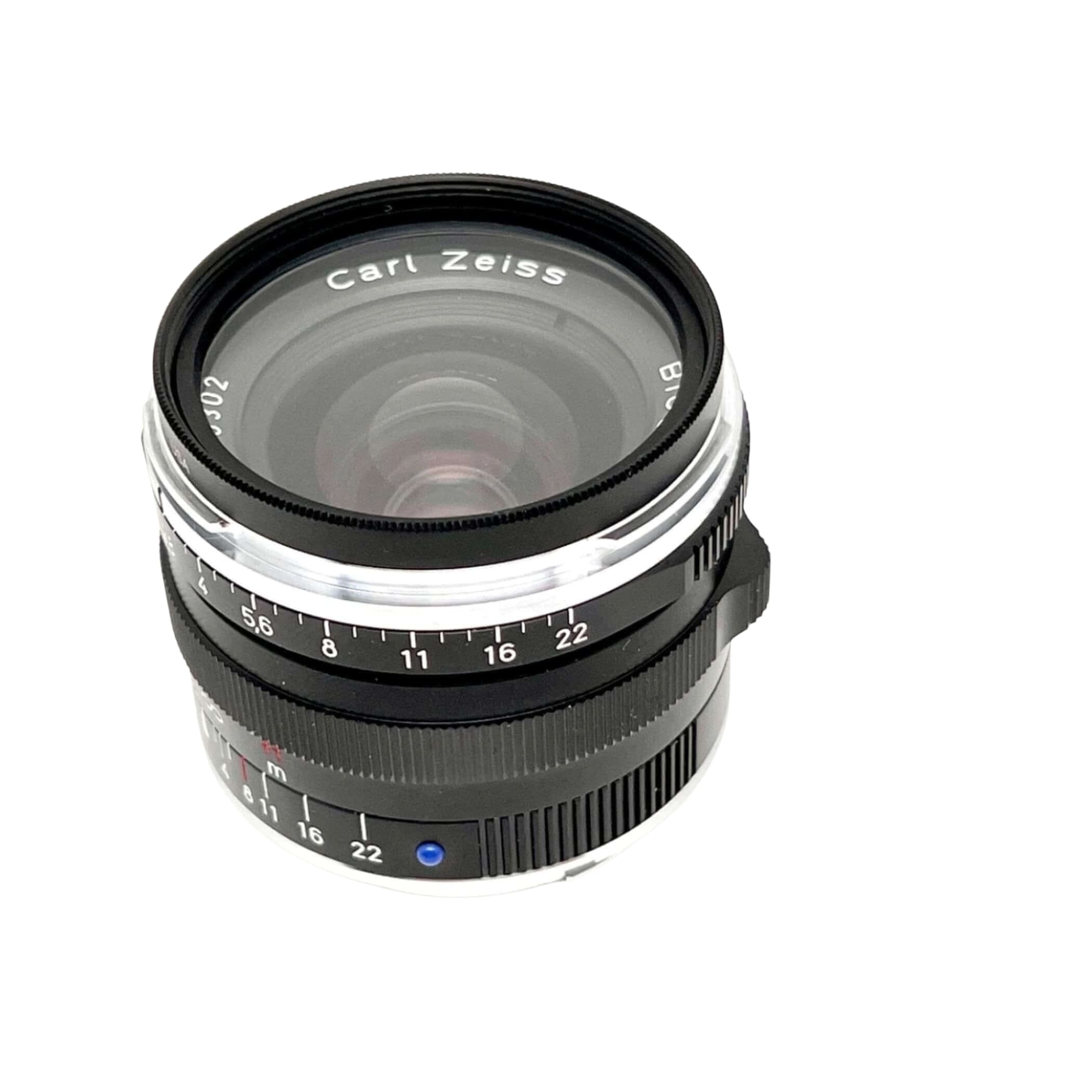 Black and silver carl zeiss lens with a classic, vintage design.