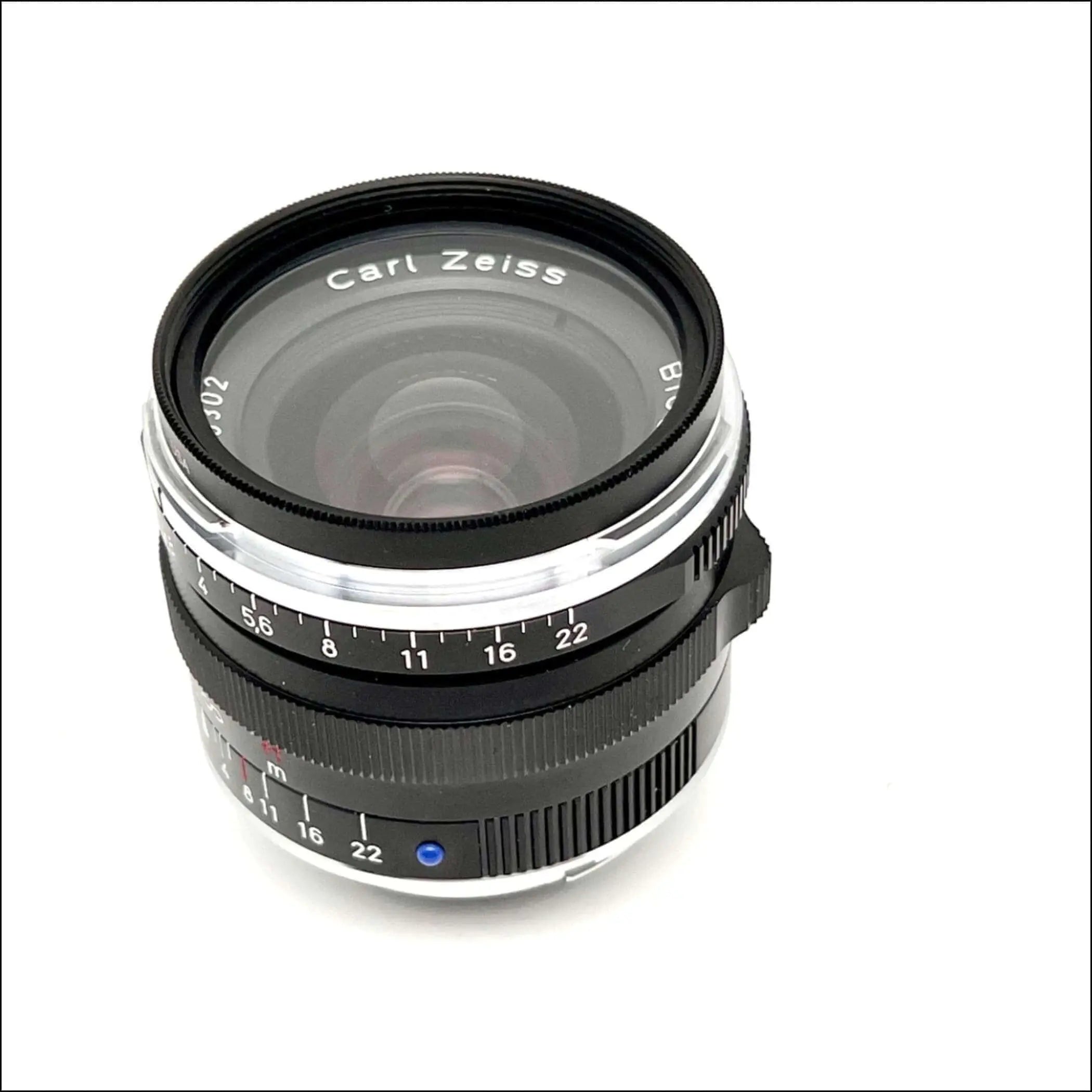 Black and silver carl zeiss lens with a classic, vintage design.