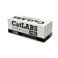 White cardboard box of catlabs x film 320 pro black and white negative film for medium format cameras.