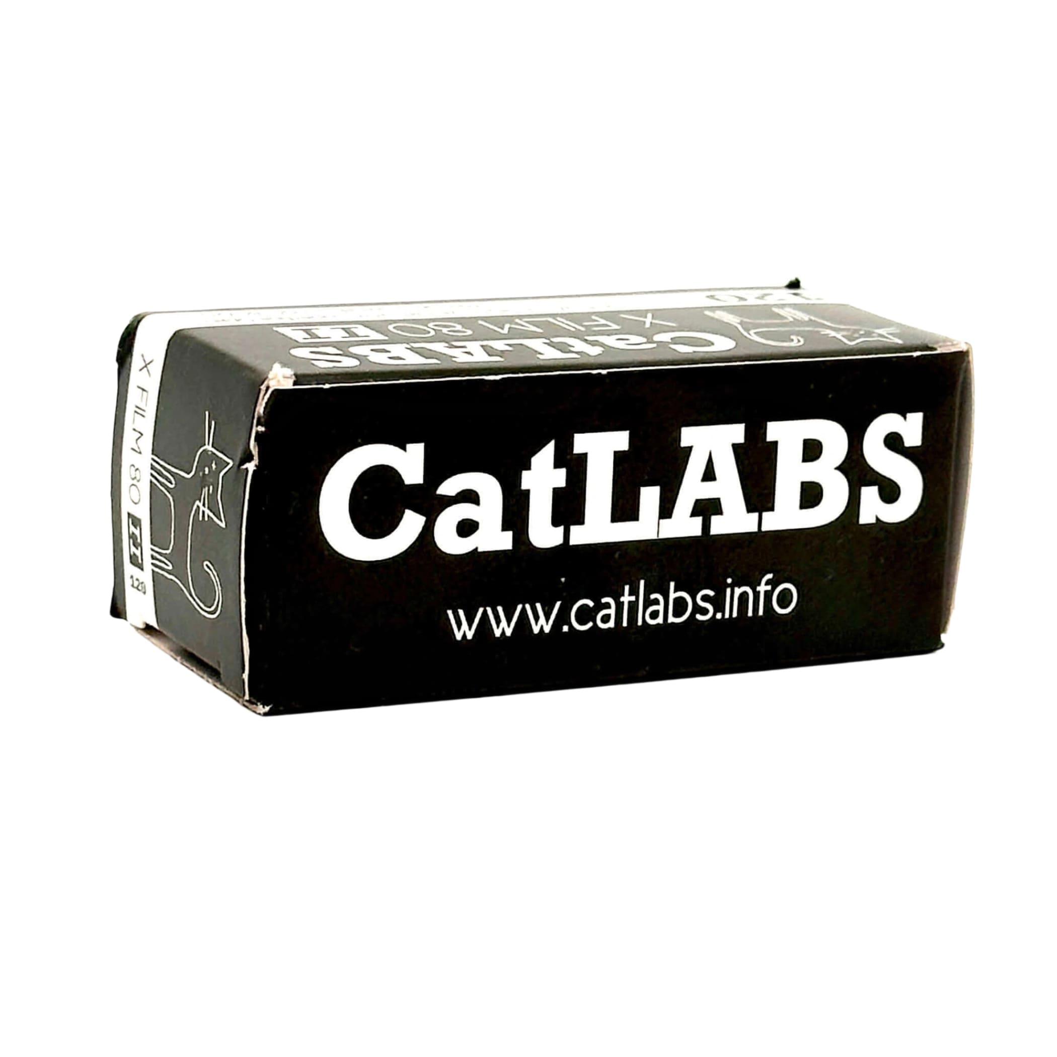 Black rectangular box with white ’catlabs’ branding and a stylized cat logo, labeled as containing x-film iso 20.