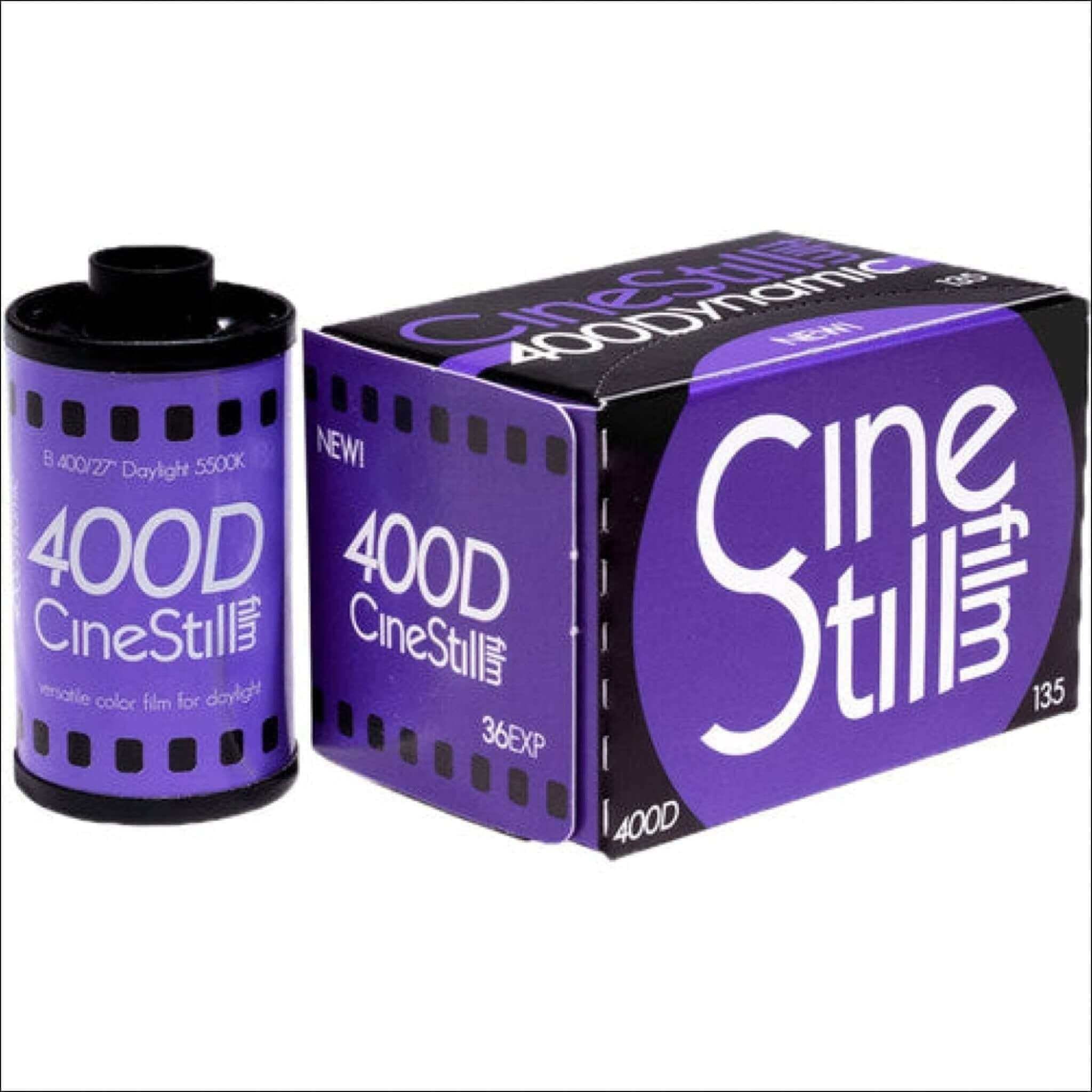 Purple cinestill 400d color film roll and box, featuring bold white lettering on a vibrant purple background with black accents.