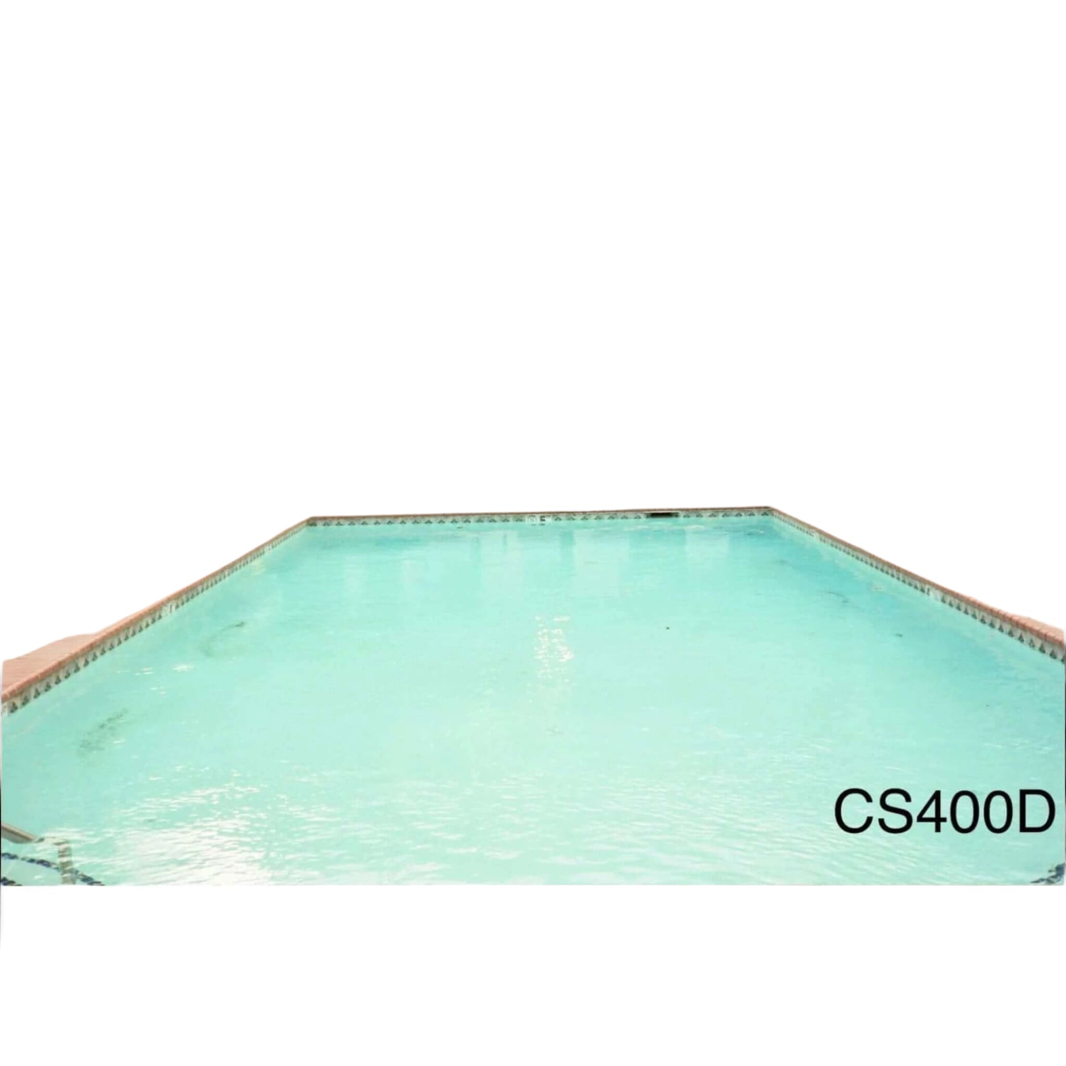 Rectangular in shape with clear turquoise water and tiled edges, surrounded by lounge chairs and a brick wall