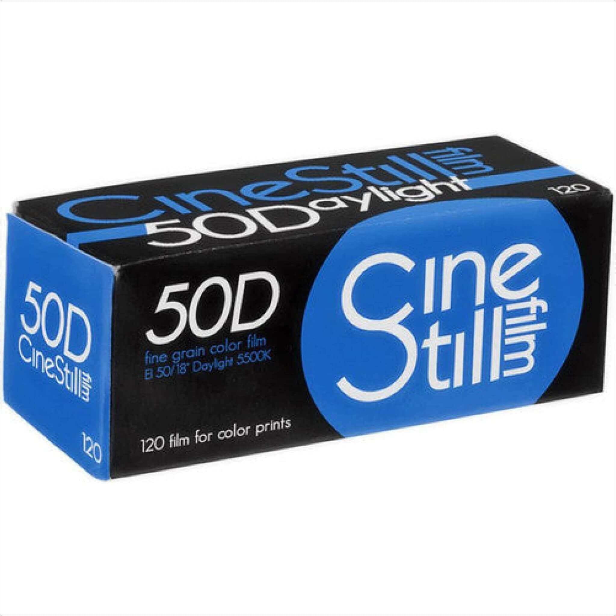 Black and blue cinestill 50d film box with white text, designed for color prints.