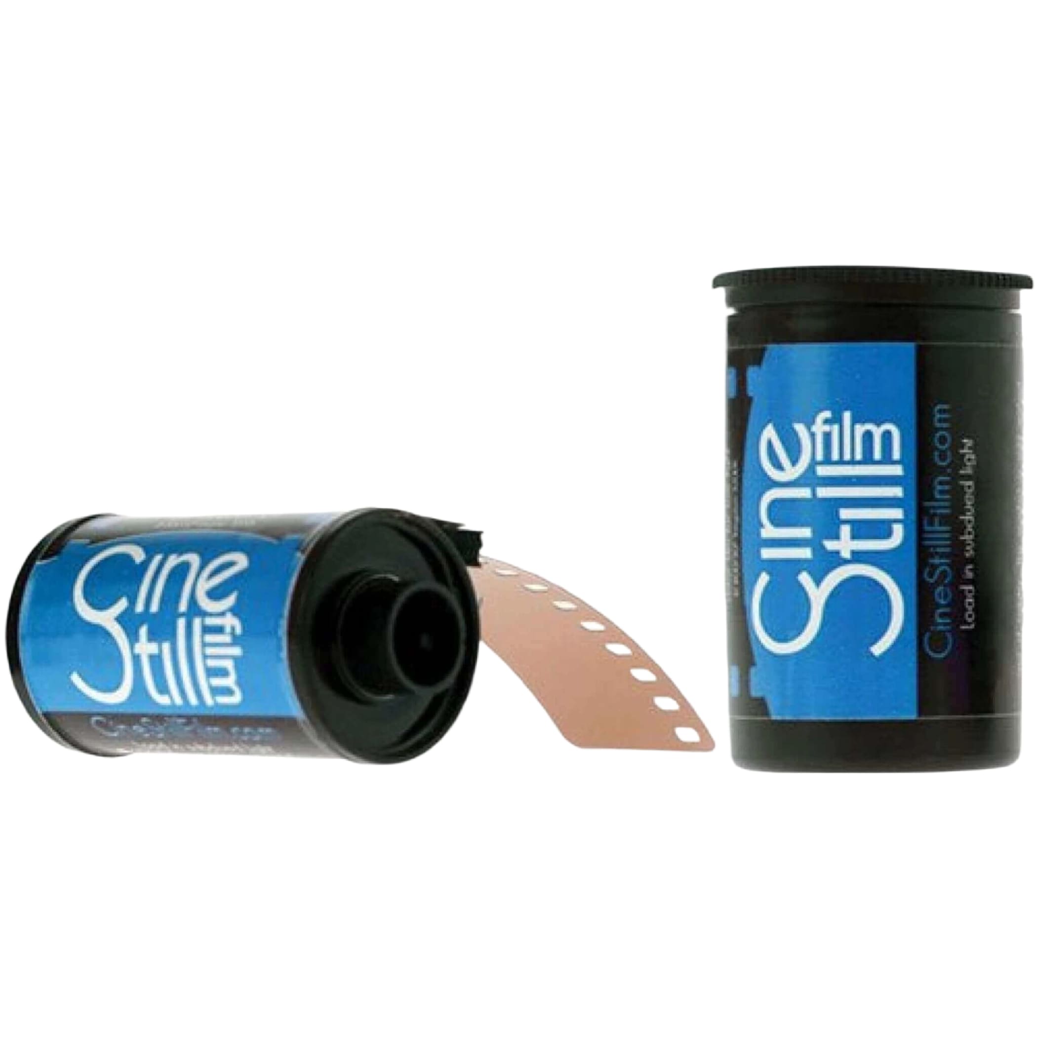 Blue and black cinestill film canisters with one showing a strip of brown photographic film emerging from its open end.
